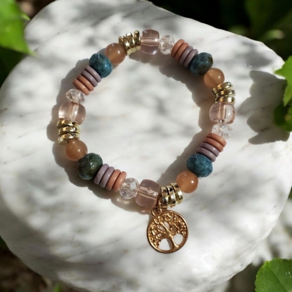Multi-color beads gold tone Tree of Life Charm Stretch Bracelet - Picture 11 of 11